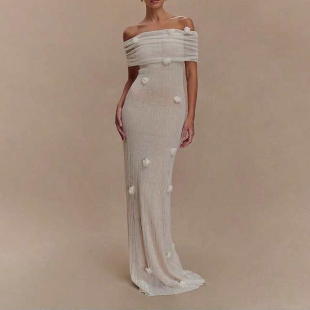 Elegant Off-Shoulder Cream Gown